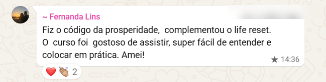 Print WhatsApp: Fernanda Lins elogiando o curso Código da Prosperidade