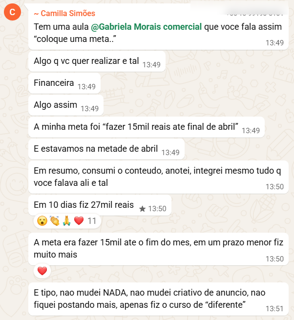 Print WhatsApp: Camilla Simões conta que fez 27 mil em 10 dias após o curso