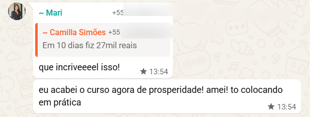 Print WhatsApp: Mari comemorando o resultado e colocando em prática