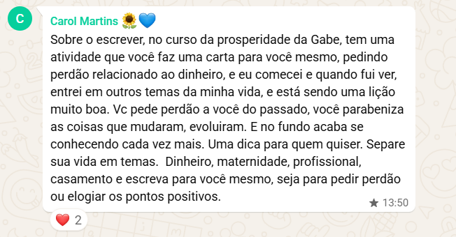 Print WhatsApp: Carol Martins sobre a atividade da carta de perdão
