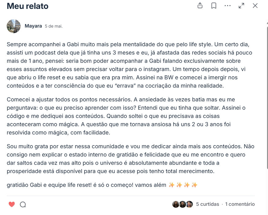 Print do relato da Mayara sobre gratidão e resultados após o Life Reset